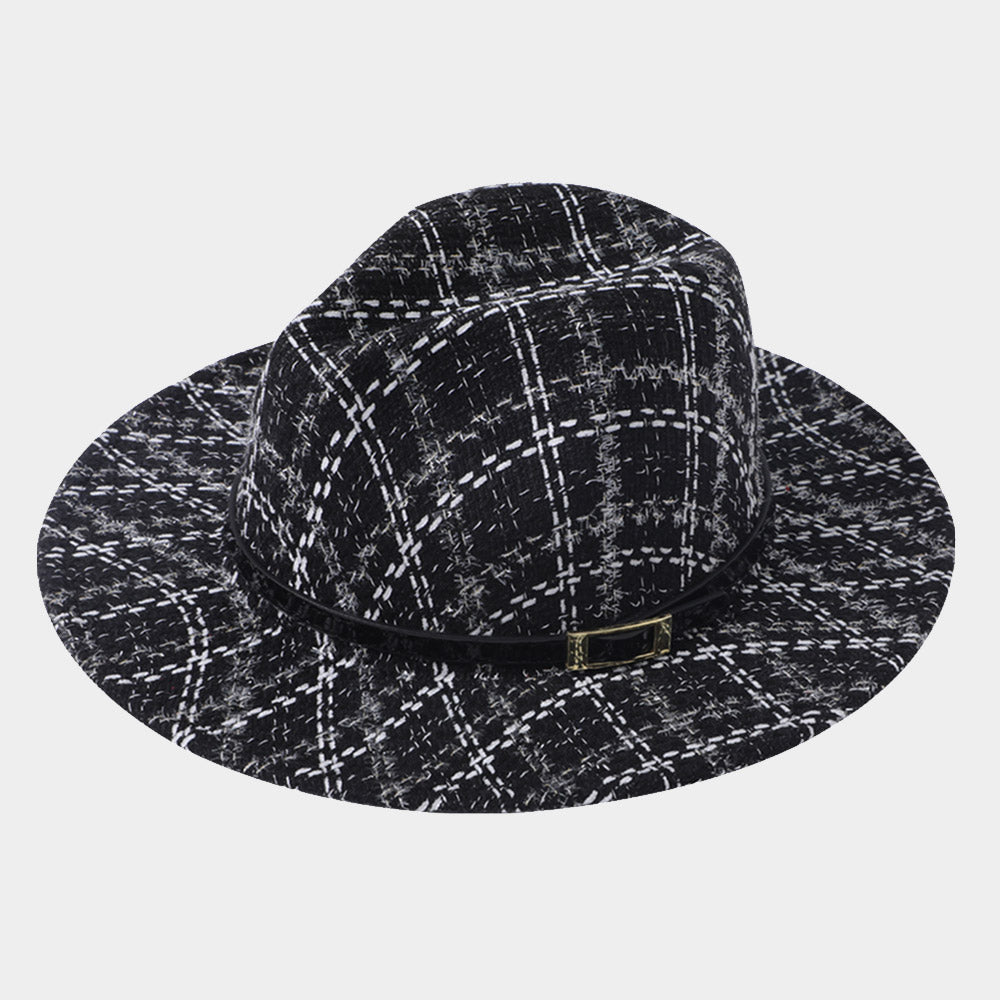 HATEGORY Belt Band Accented Check Patterned Fedora Hat