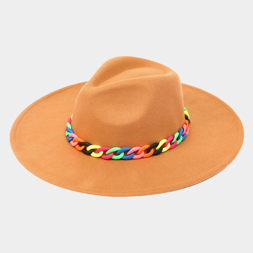 HATEGORY Colorful Chain Accented Solid Panama Hat