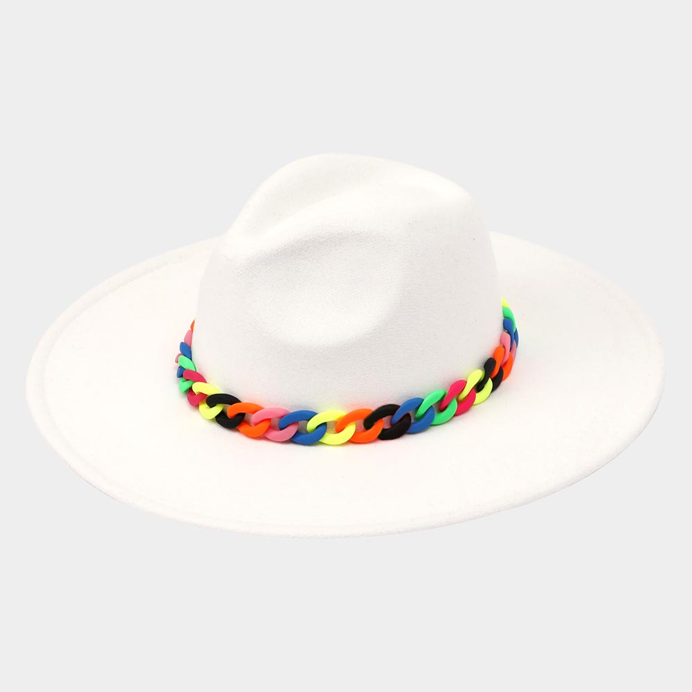 HATEGORY Colorful Chain Accented Solid Panama Hat