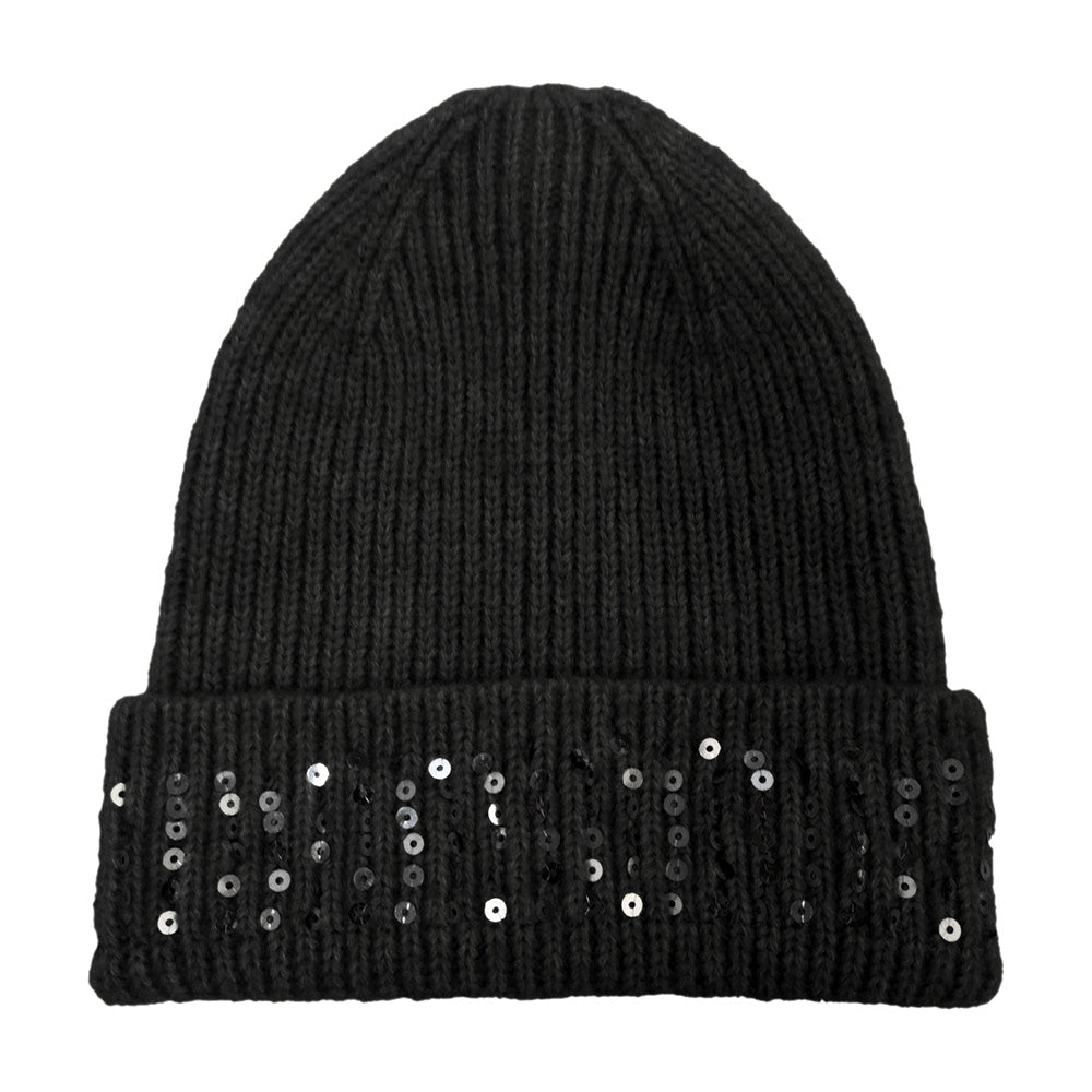 HATEGORY Solid Ribbed Sequin Cuff Beanie Hat