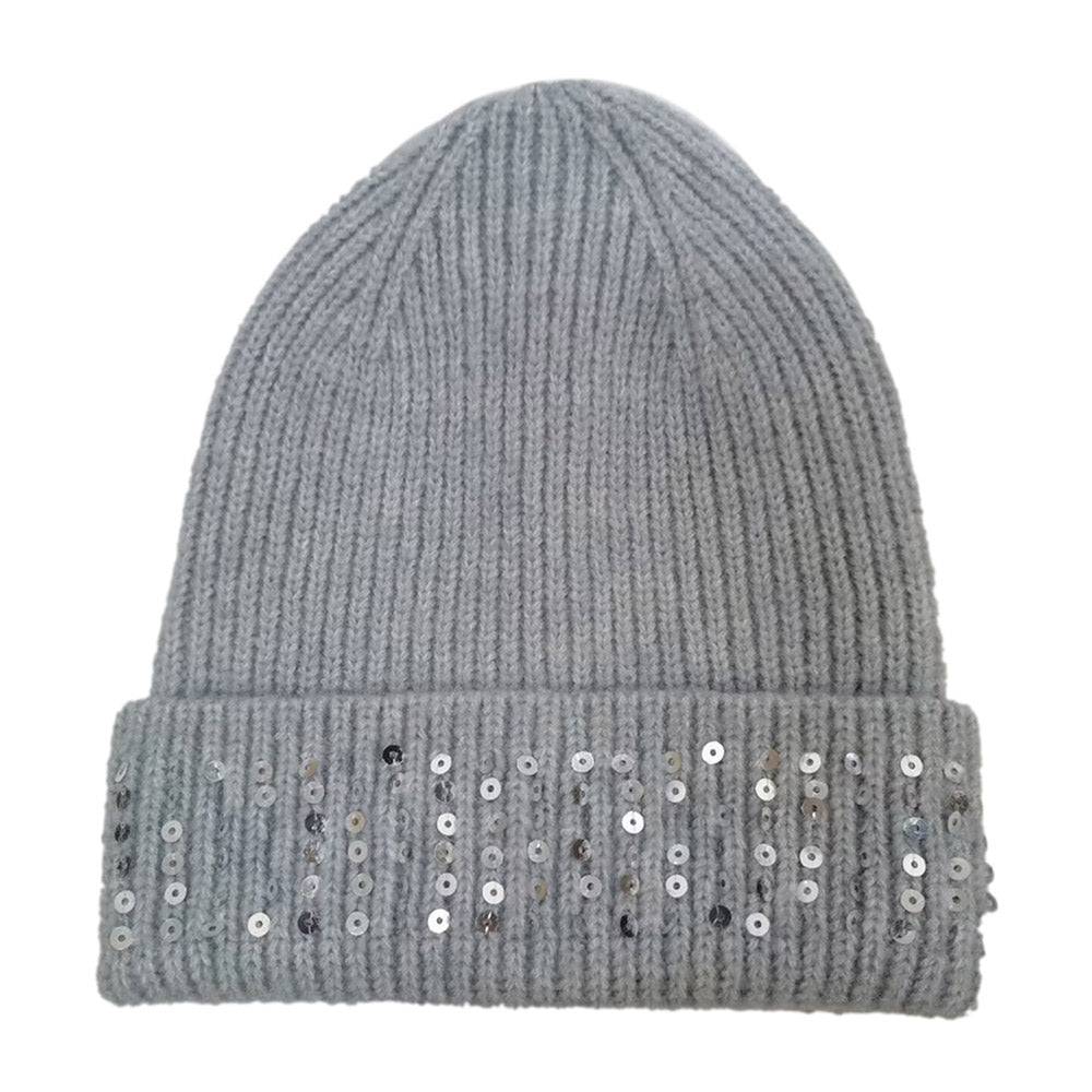 HATEGORY Solid Ribbed Sequin Cuff Beanie Hat