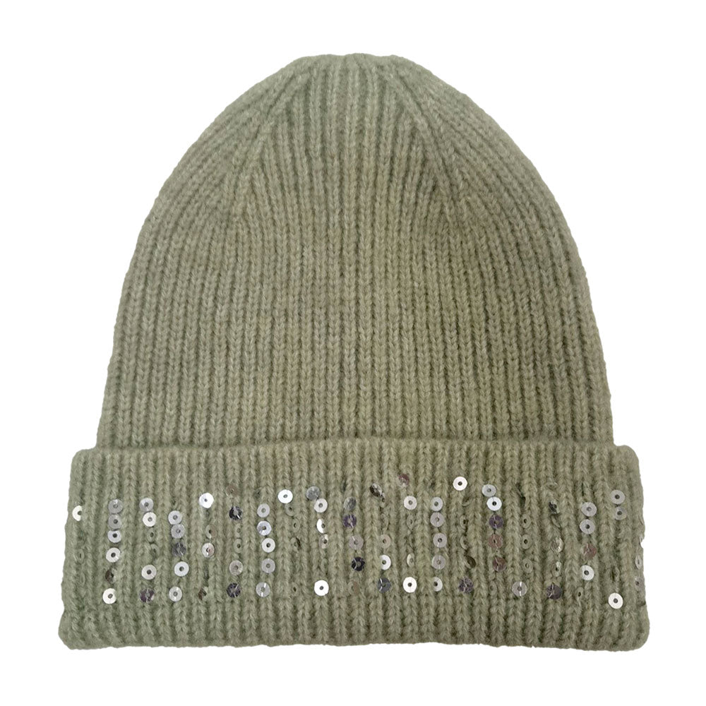 HATEGORY Solid Ribbed Sequin Cuff Beanie Hat