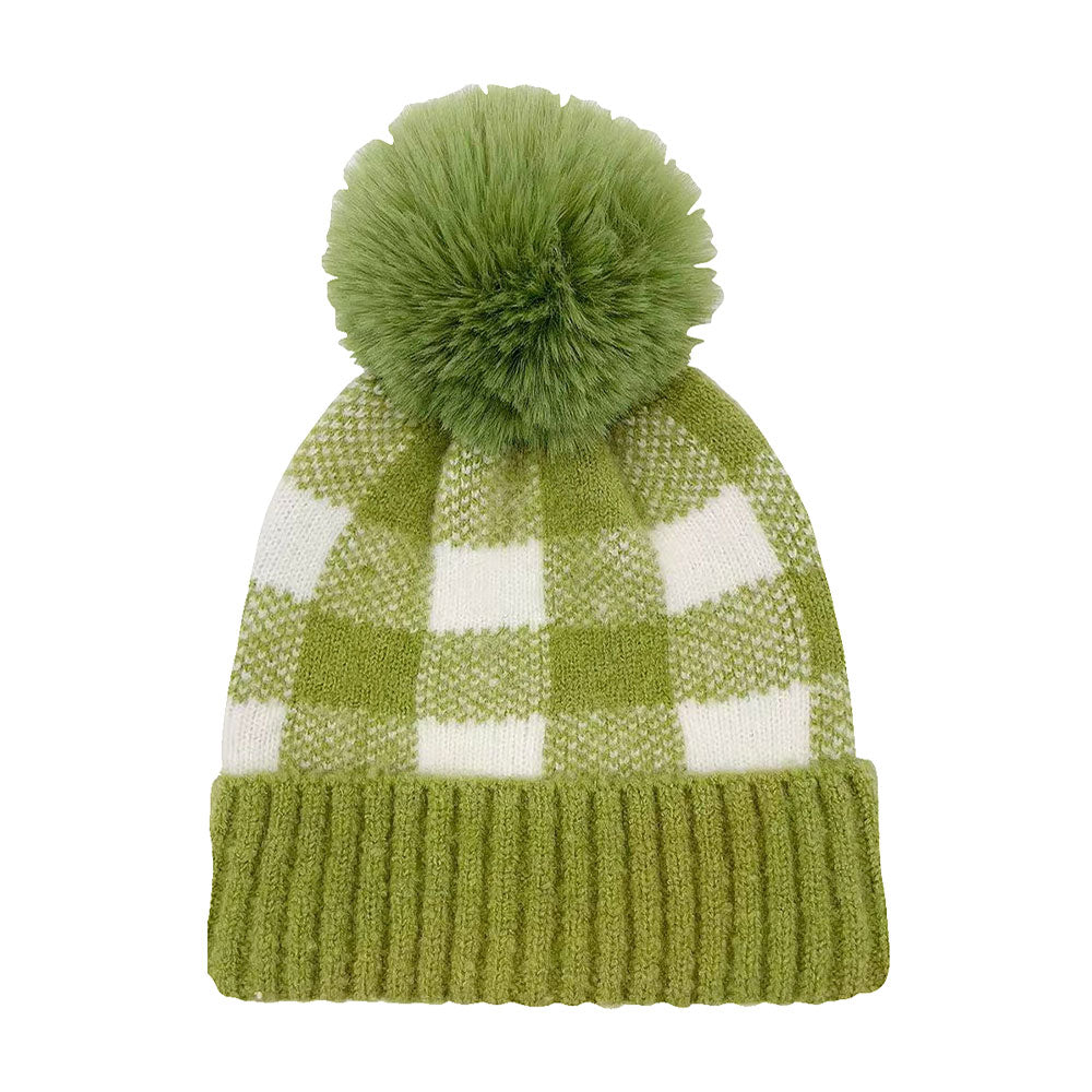 HATEGORY Buffalo Check Patterned Faux Fur Pom Pom Beanie Hat