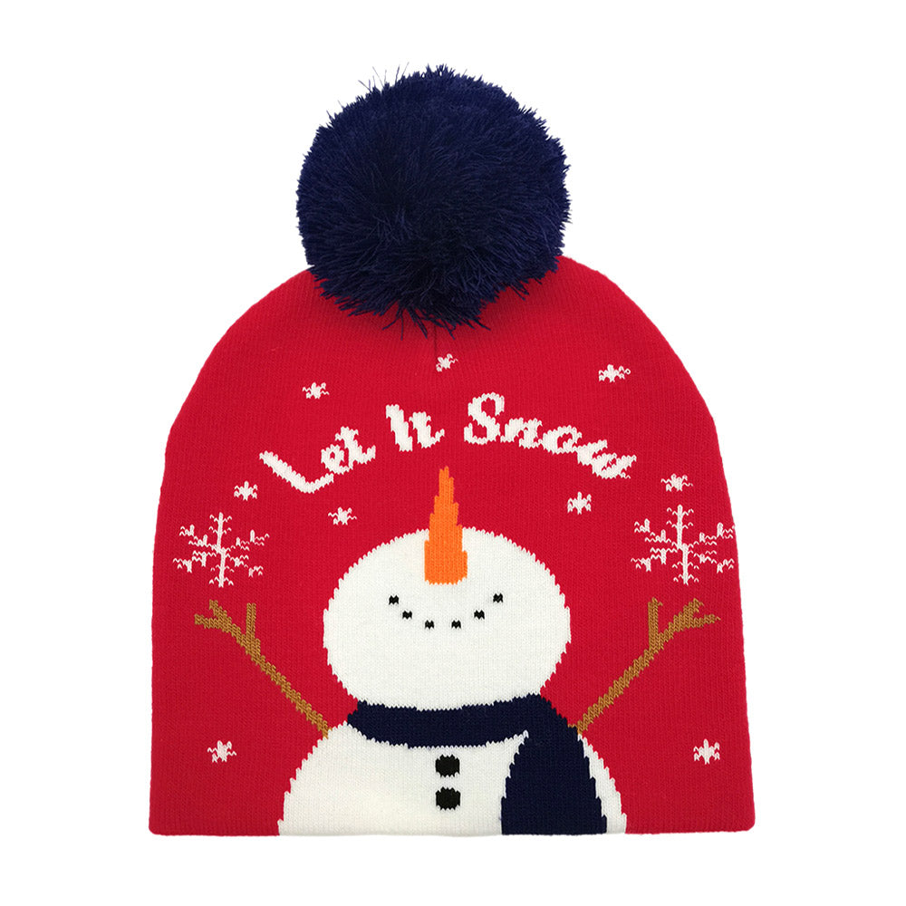 HATEGORY Let It Snow Message Snowman Snowflake Pom Pom Beanie Hat