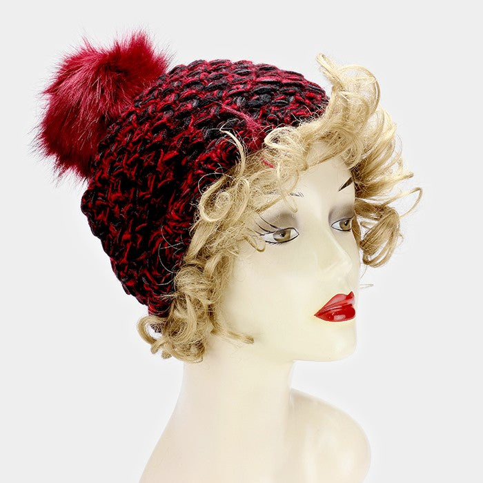 HATEGORY Pom pom two tone tweed knit beanie hat