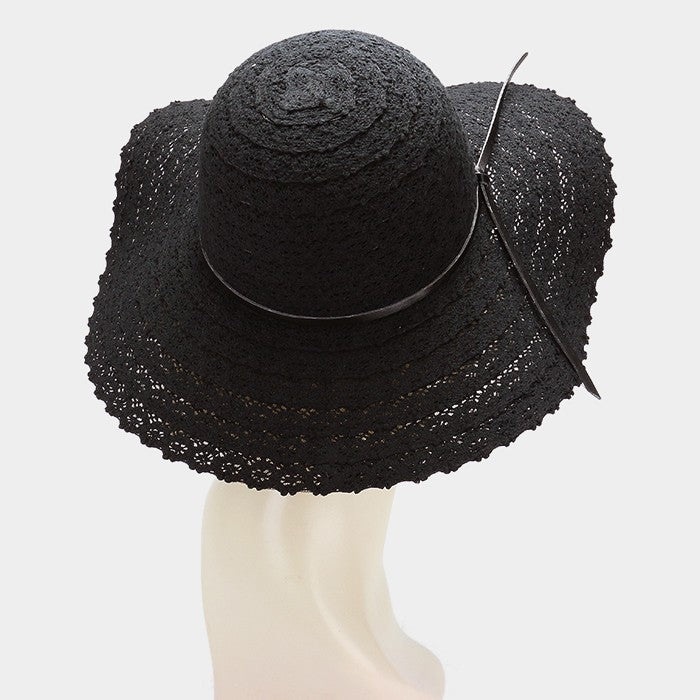HATEGORY Crochet lace floppy sun hat with faux leather ribbon