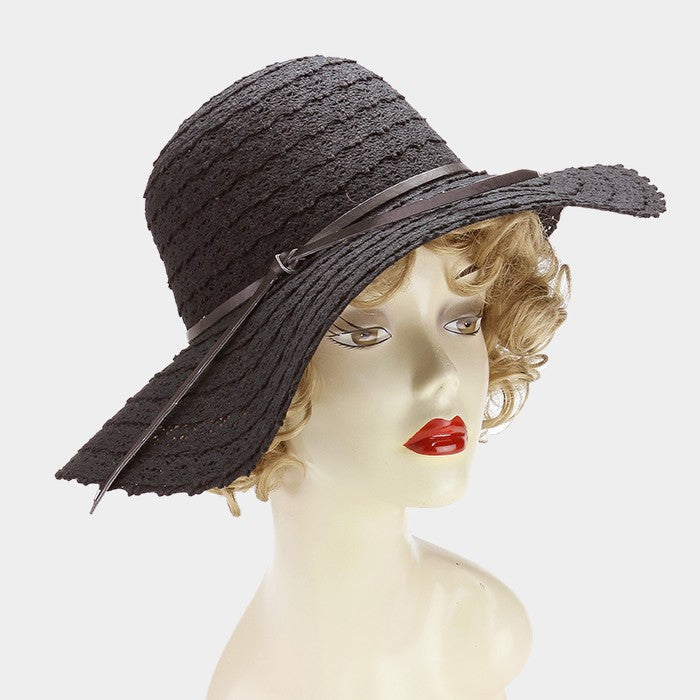 HATEGORY Crochet lace floppy sun hat with faux leather ribbon