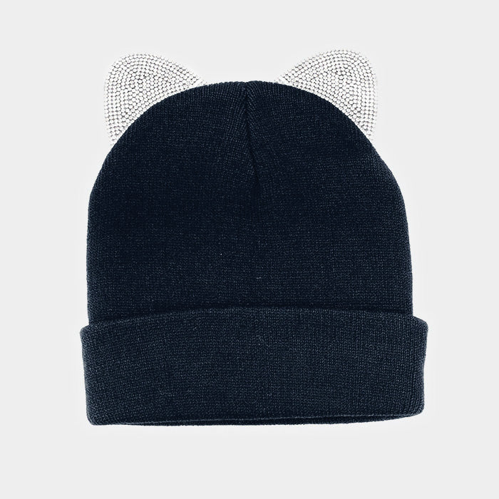 HATEGORY Crystal Rhinestone Embellished Cat Ears Beanie