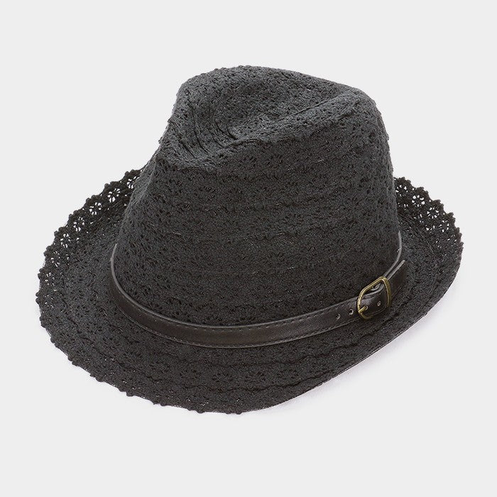 HATEGORY Crochet lace fedora hat with faux leather buckle belt