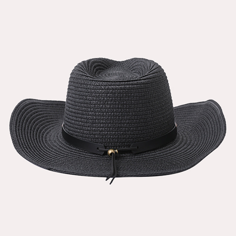 HATEGORY Faux Leather Band Straw Panama Sun Hat