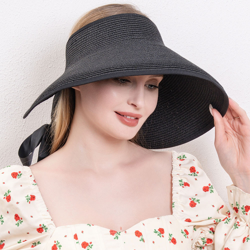 HATEGORY Black Trimmed Visor Straw Sun Hat