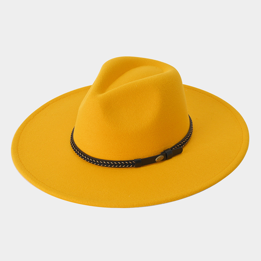 HATEGORY Faux Leather Band Solid Panama Hat