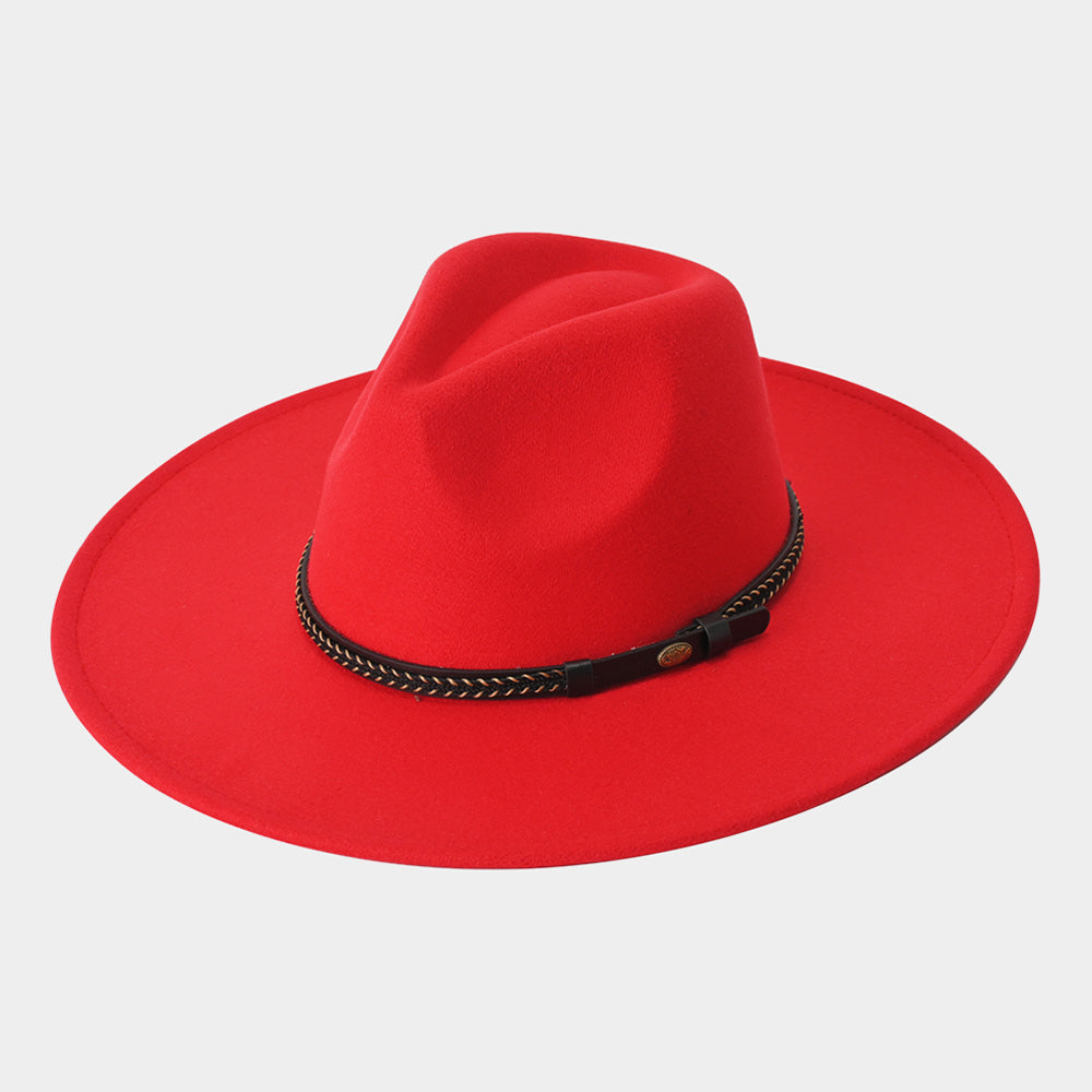 HATEGORY Faux Leather Band Solid Panama Hat