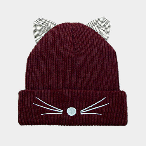 HATEGORY Crystal Embellished Cat Ear Beanie Hat