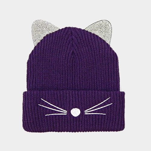 HATEGORY Crystal Embellished Cat Ear Beanie Hat