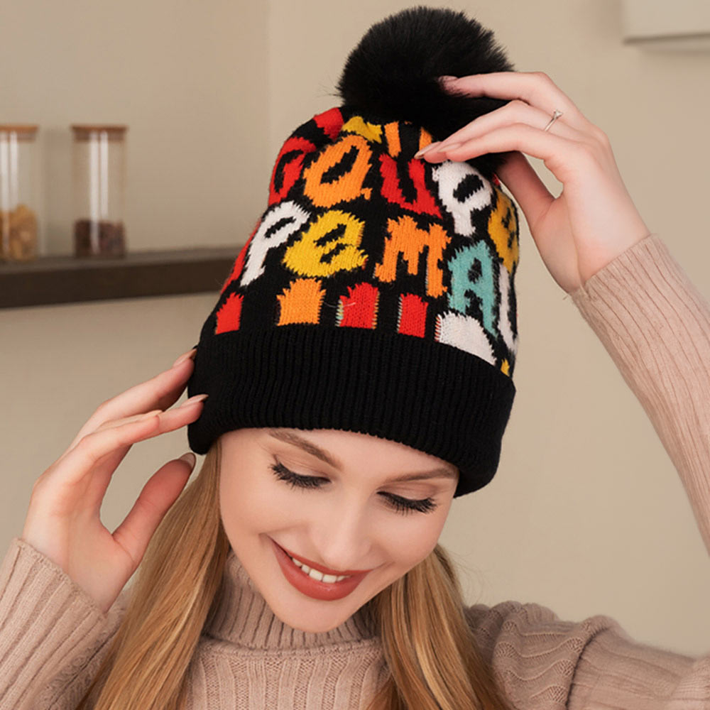 HATEGORY Faux Fur Pom Pom Colorful Beanie Hat