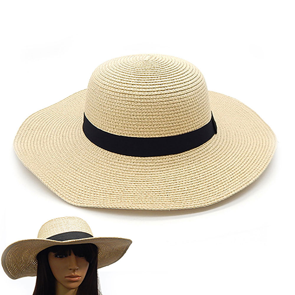 HATEGORY Black Ribbon Trim Paper Floppy Sun Hat