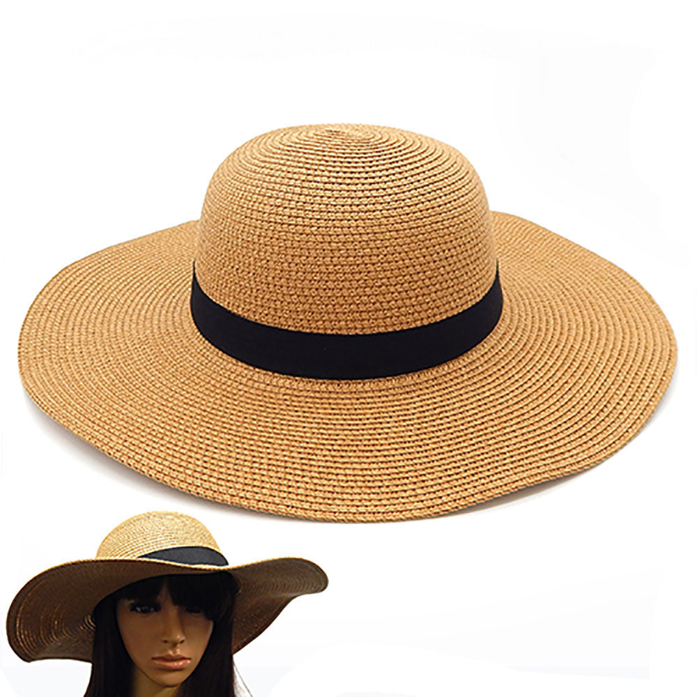 HATEGORY Black Ribbon Trim Paper Floppy Sun Hat