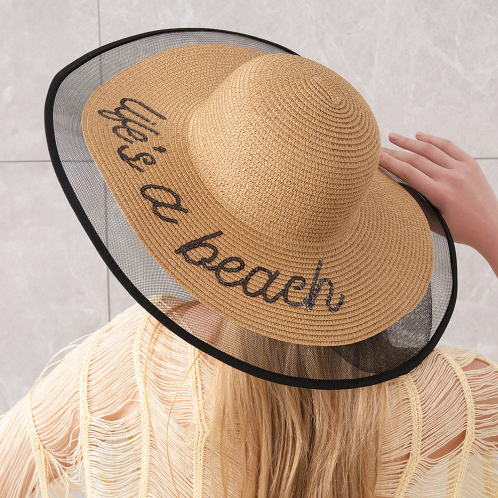 HATEGORY Life is a beach Message Mesh Brim Straw Sun Hat