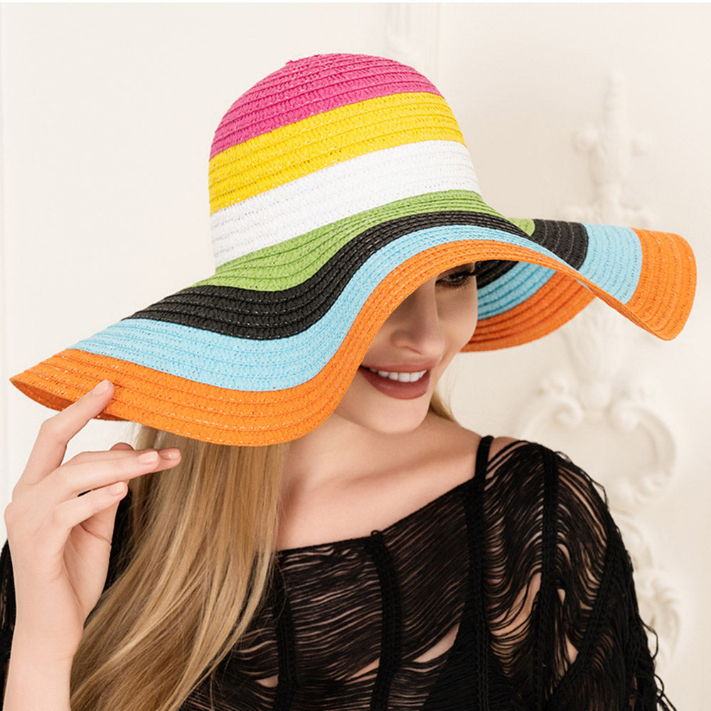 HATEGORY Color Block Floppy Straw Sun Hat