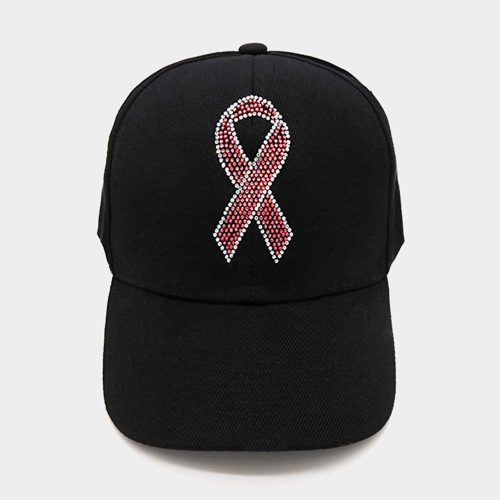 HATEGORY Pink Ribbon Bling Studded Pointed Baseball Cap