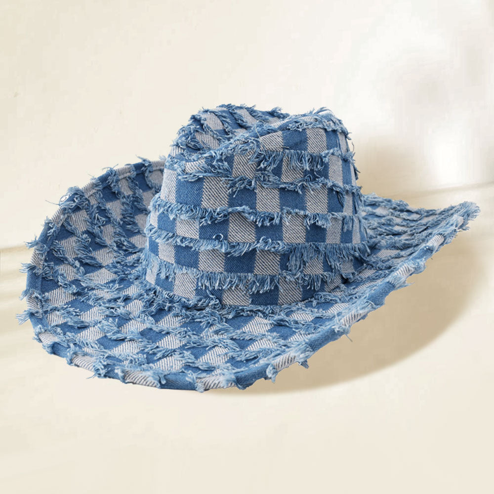 HATEGORY Fringe Denim Checkered Cowboy Western Hat