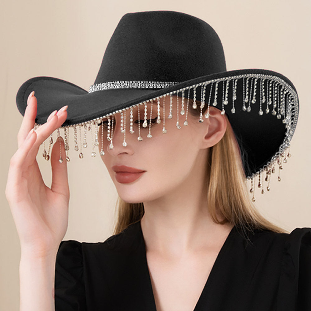 HATEGORY Rhinestone Embellished Band Pointed Rhinestone Stone Paved Fringe Around Cowboy Western Hat