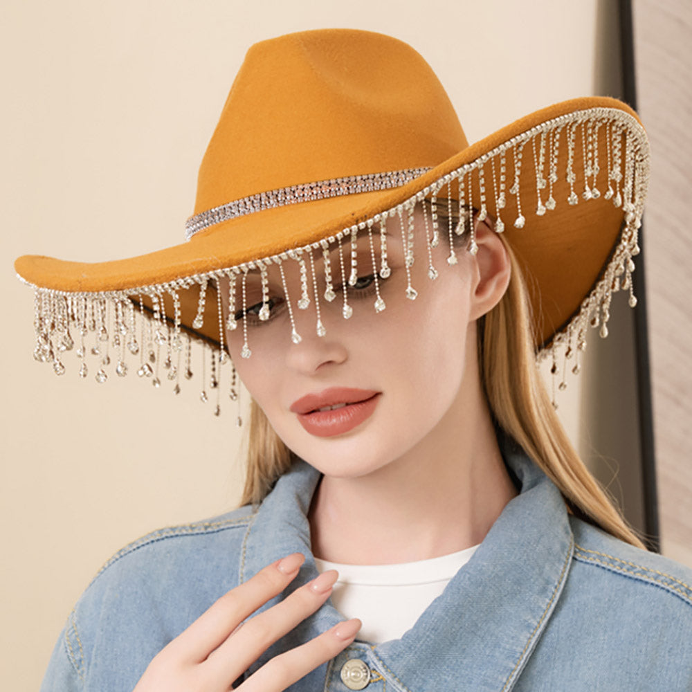 HATEGORY Rhinestone Embellished Band Pointed Rhinestone Stone Paved Fringe Around Cowboy Western Hat