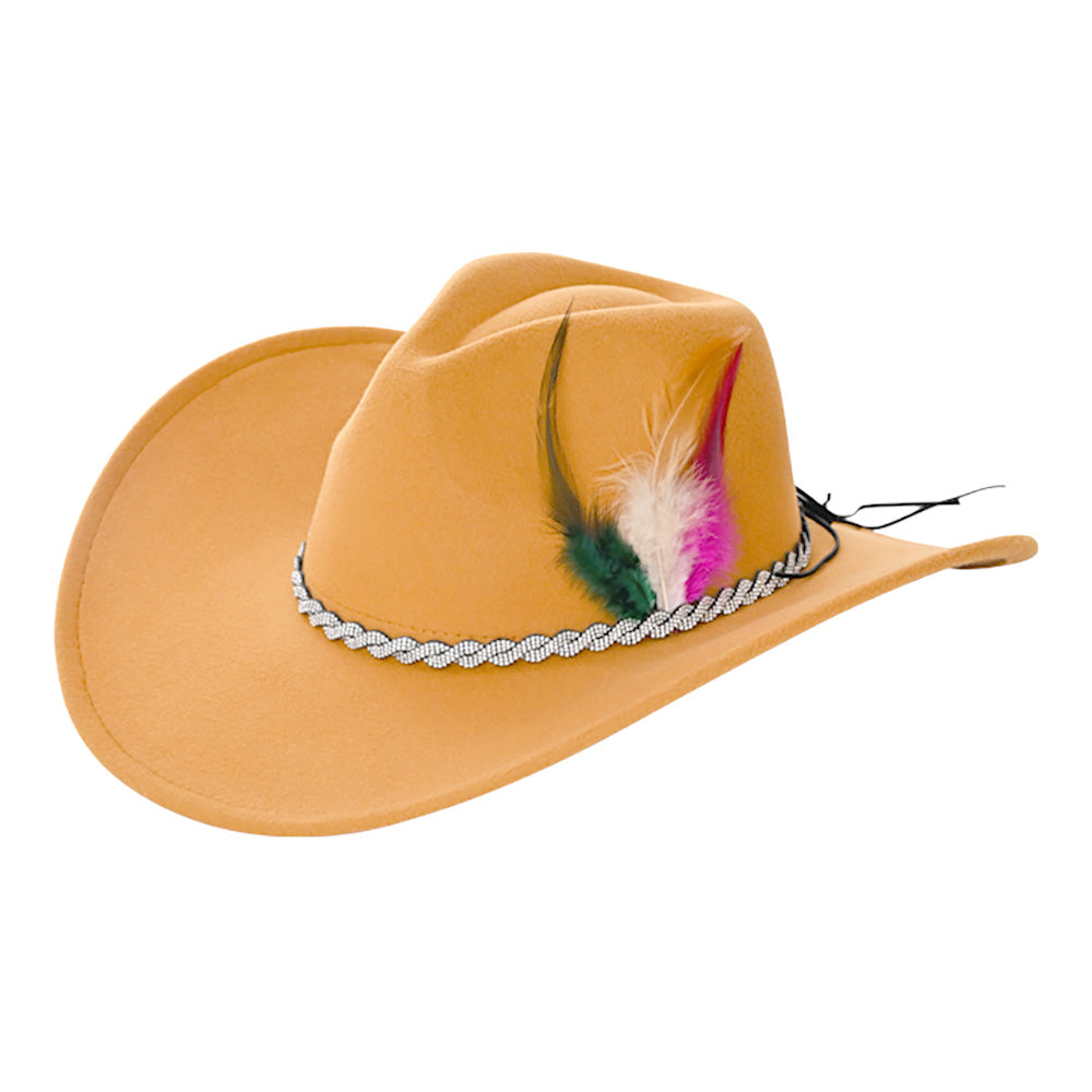 HATEGORY Feather Pointed Rhinestone Paved Twisted Band Accented Fedora Hat
