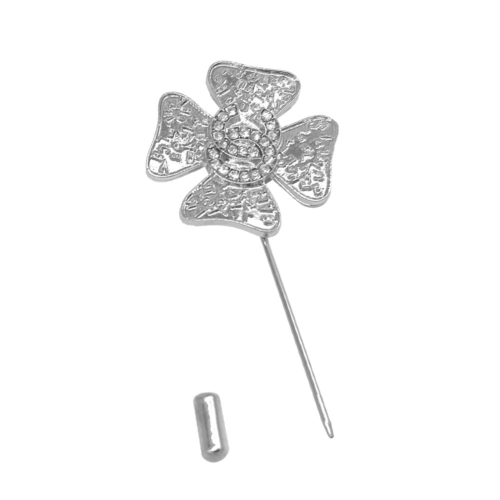 HATEGORY Stone Paved Clover Lapel Pin Brooch Accented Fuzzy Beanie Hat