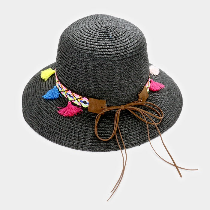 HATEGORY Rainbow tassel short brim sun hat with faux suede ribbon tie