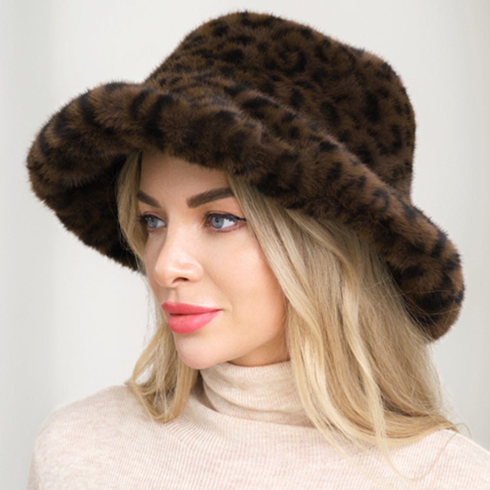 HATEGORY Soft Plush Faux Fur Leopard Print Winter Bucket Hat