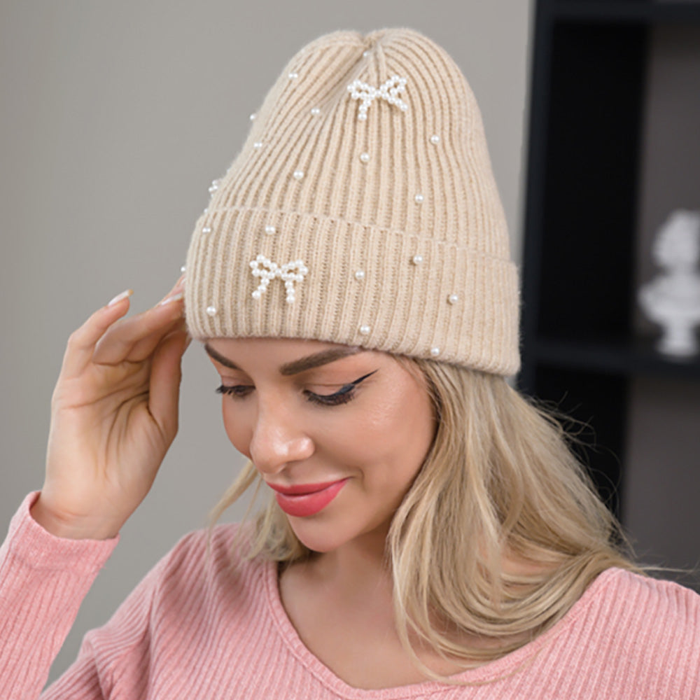 HATEGORY Bow Pearl Embellished Knitted Winter Beanie Hat