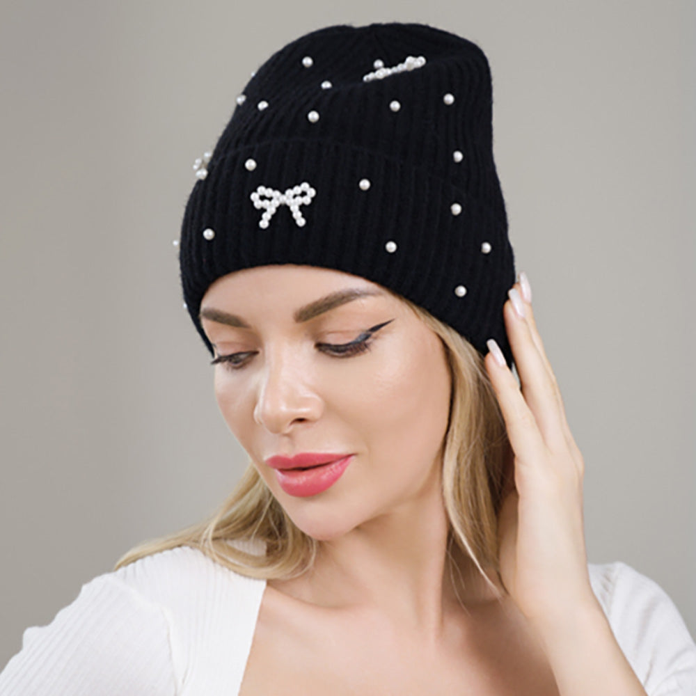 HATEGORY Bow Pearl Embellished Knitted Winter Beanie Hat
