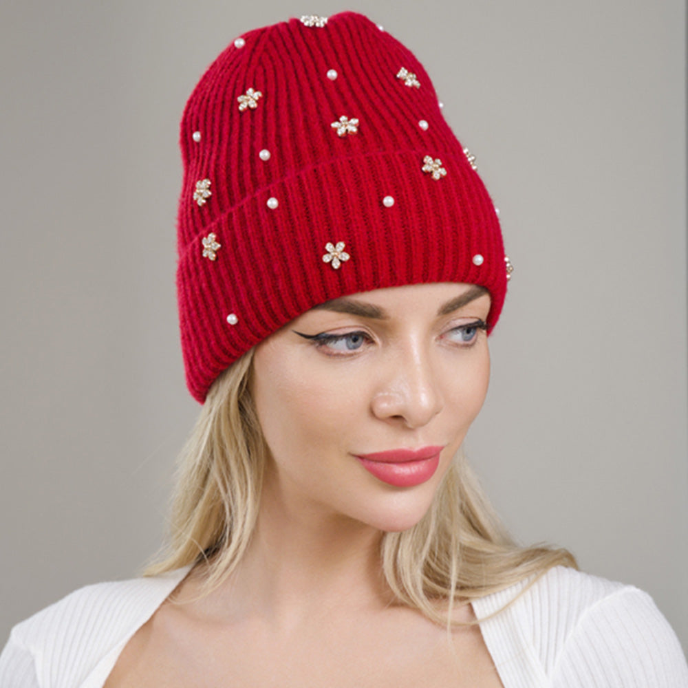 HATEGORY Flower Stone Charm Pearl Embellished Knitted Winter Beanie Hat