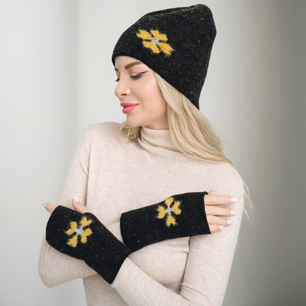 HATEGORY Flower Accent Cozy Knit Winter Beanie Fingerless Gloves Set