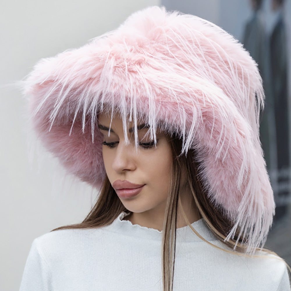 HATEGORY Fuzzy Fluffy Faux Fur Winter Bucket Hat