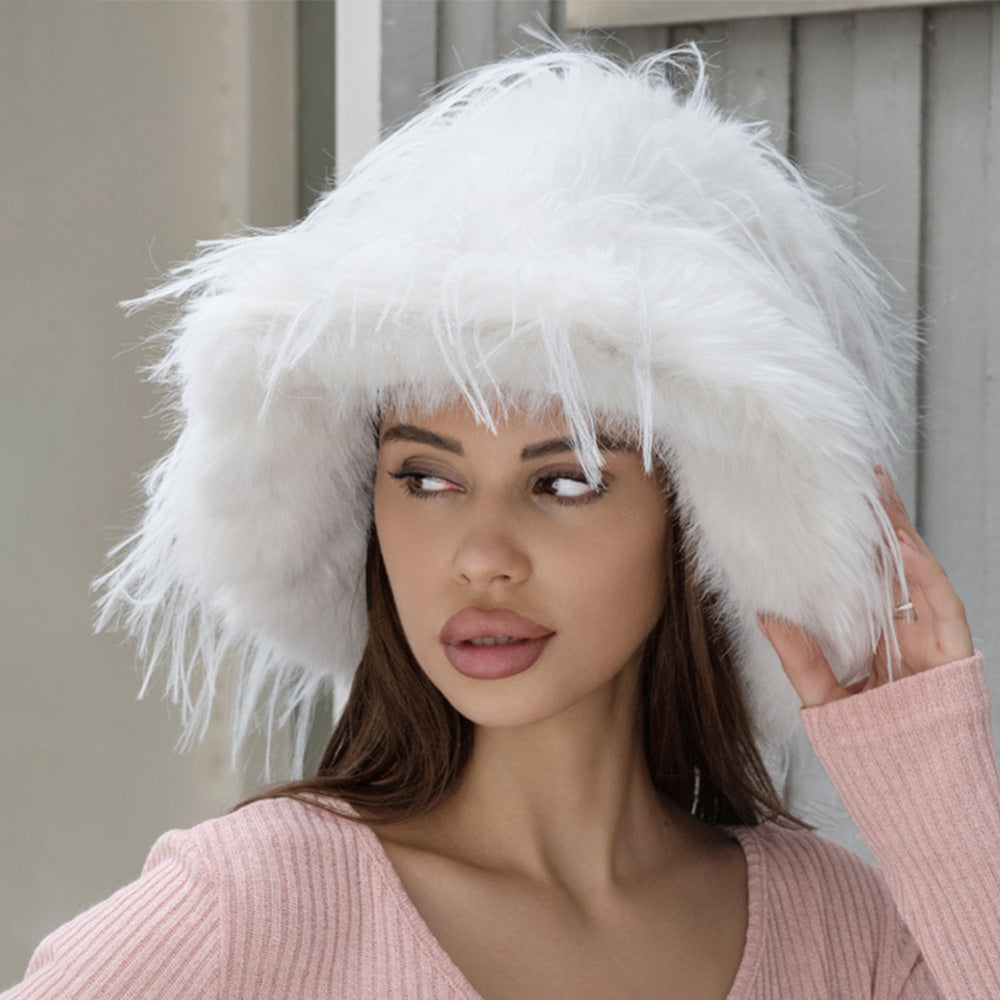 HATEGORY Fuzzy Fluffy Faux Fur Winter Bucket Hat