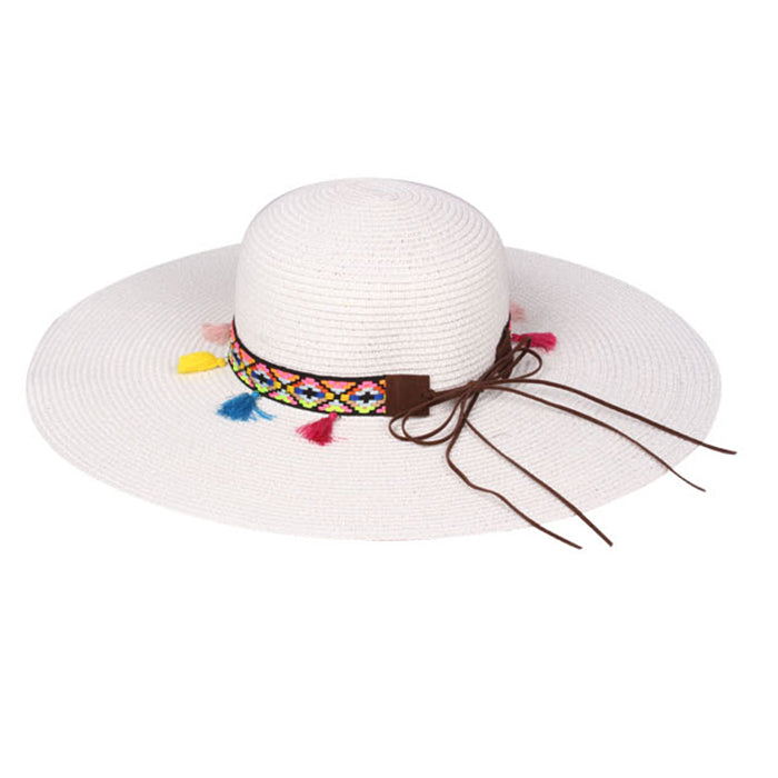 HATEGORY Rainbow tassel lined paper straw floppy sun hat