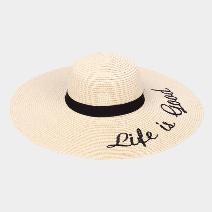 HATEGORY "Life is Good" Embroidery Paper Straw Floppy Sun Hat