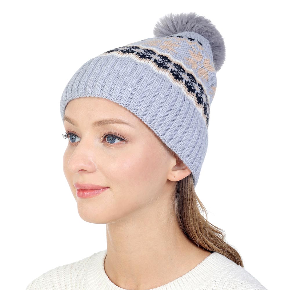 HATEGORY Patterned Pom Pom Beanie Hat