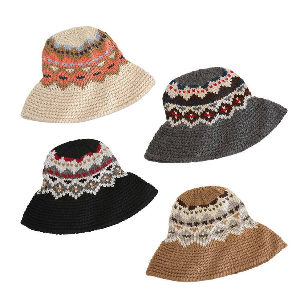 HATEGORY Nordic Pattern Knitted Bucket Hat