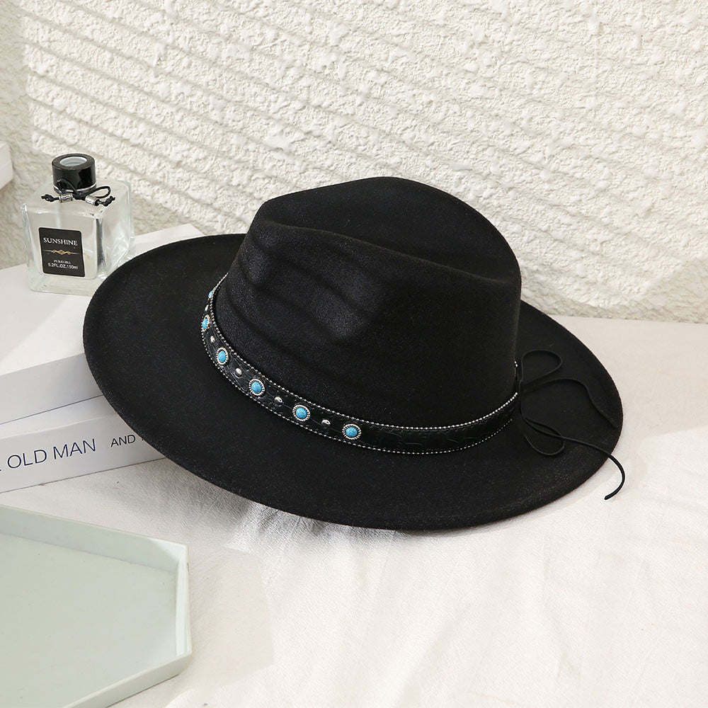 HATEGORY Turquoise Cowboy Trim Felt Panama Hat