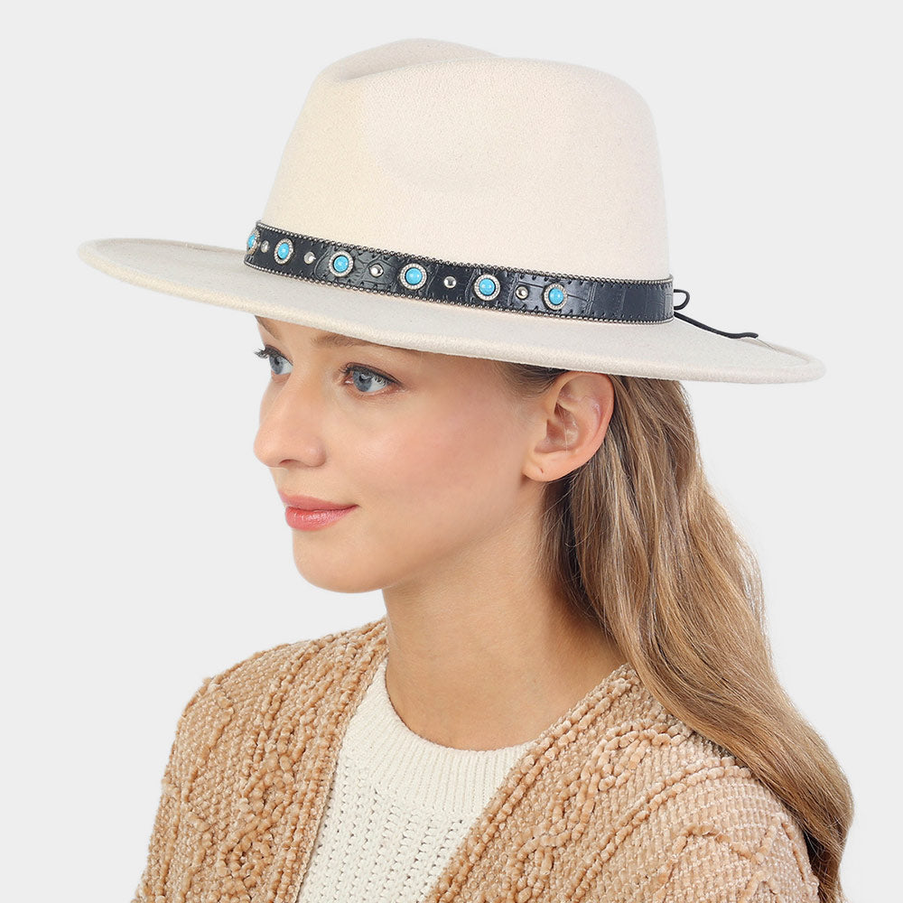 HATEGORY Turquoise Cowboy Trim Felt Panama Hat