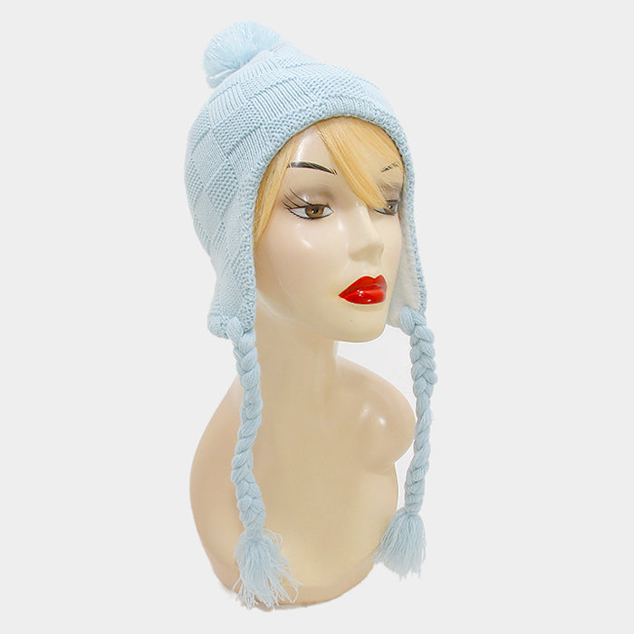 HATEGORY Braided knit tassel drop pom pom earcuff hat