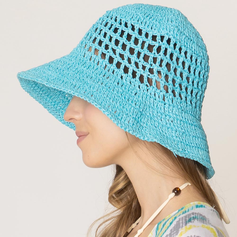 HATEGORY Open Weave Solid Straw Bucket Hat