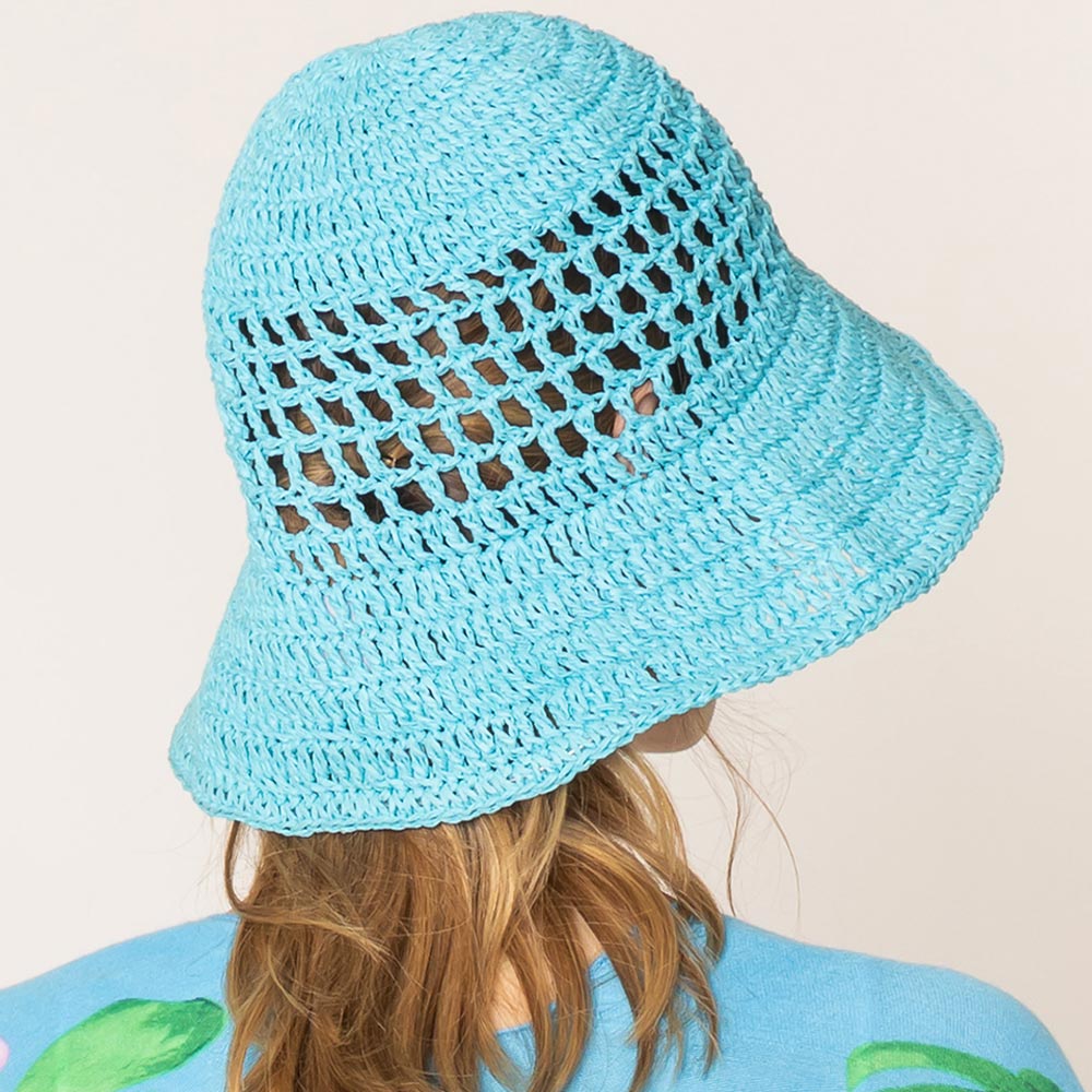 HATEGORY Open Weave Solid Straw Bucket Hat
