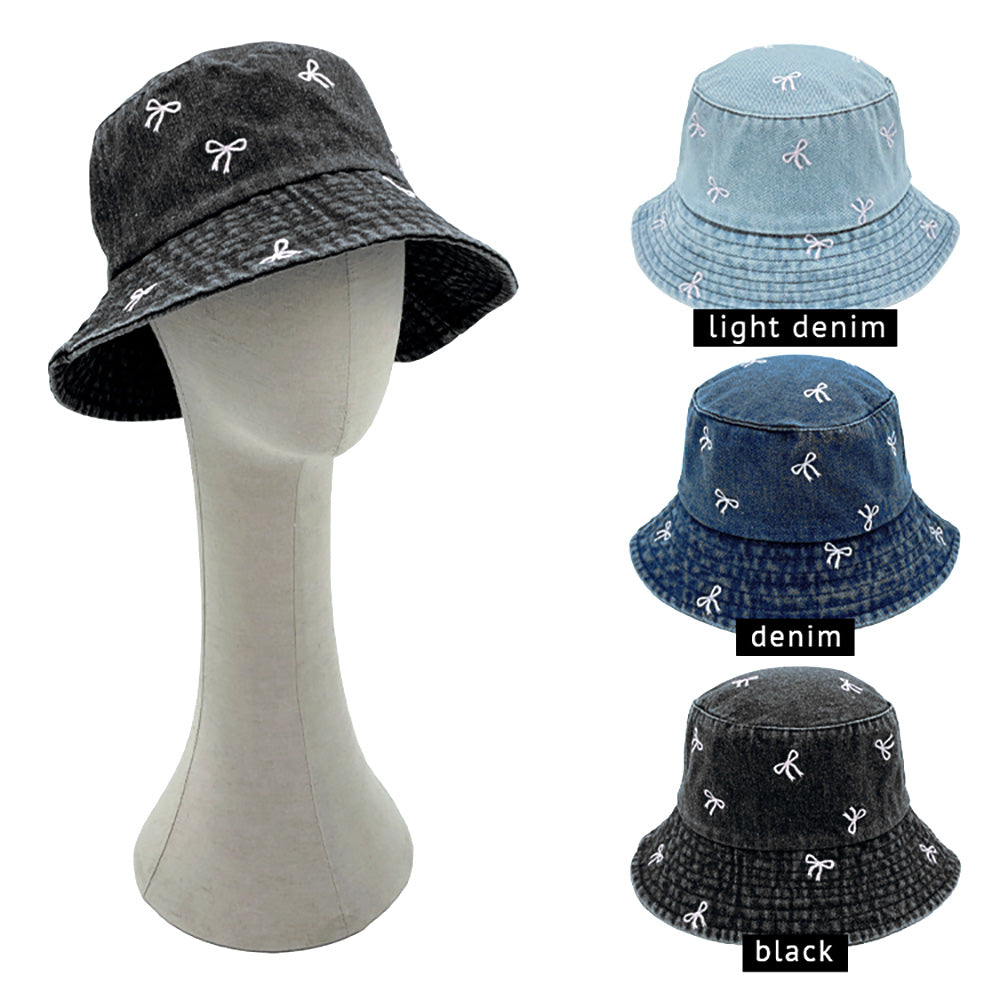 HATEGORY Embroidered Bow Denim Bucket Hat