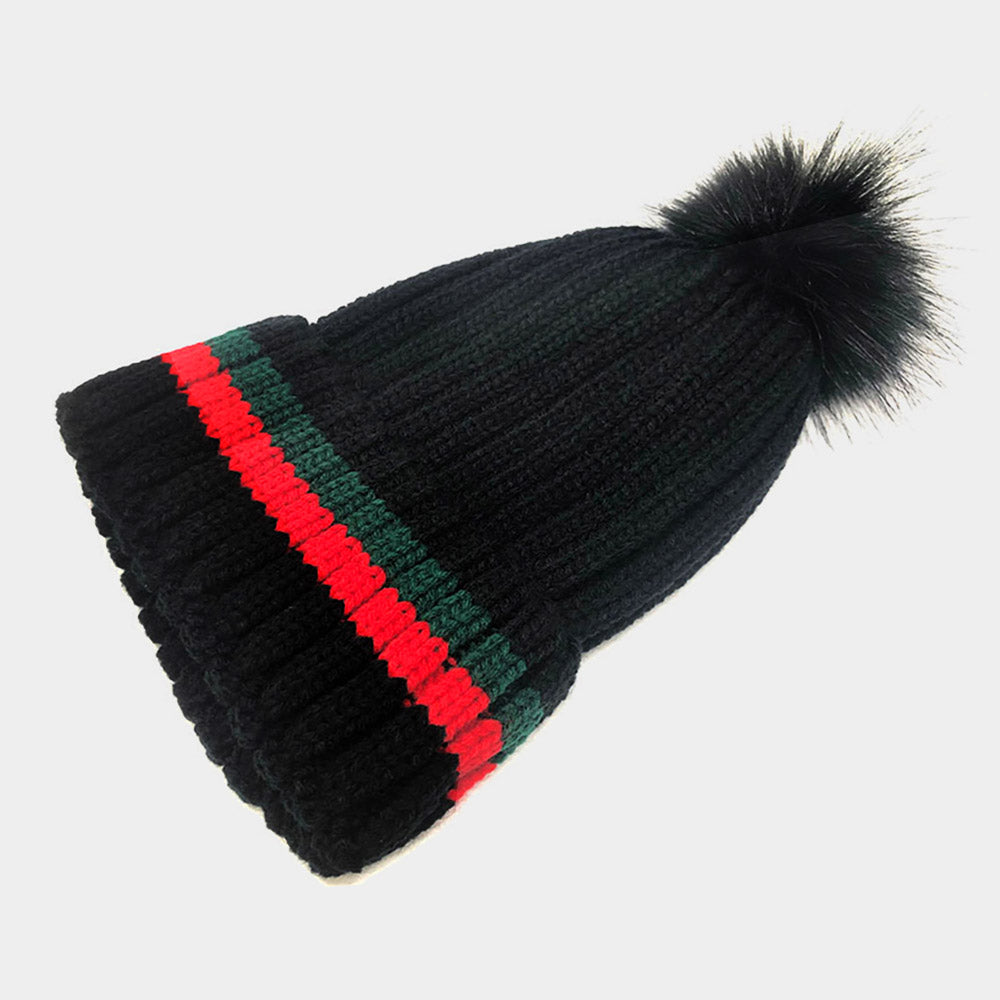 HATEGORY Color Block Knit Pom Pom Beanie Hat