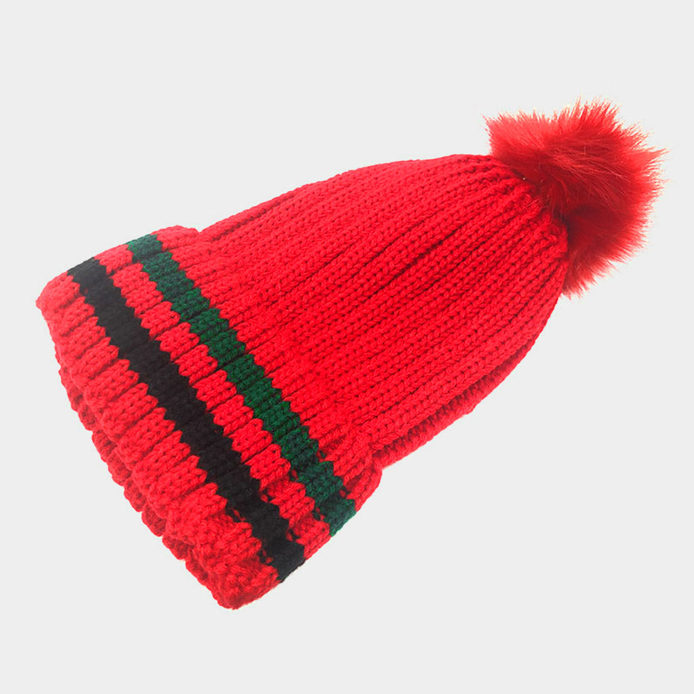 HATEGORY Color Block Knit Pom Pom Beanie Hat